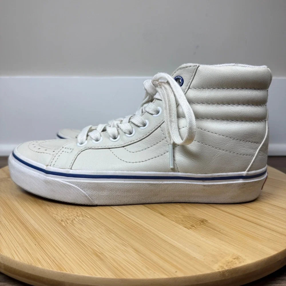 Vans Sk8-Hi Sneakers Womens 7 Mens 5.5 Off-White Leather Good High Top Blue Trim